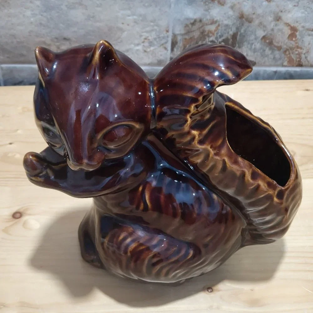 Vintage Gold Brown Squirrel Planter Vase Clay Pottery